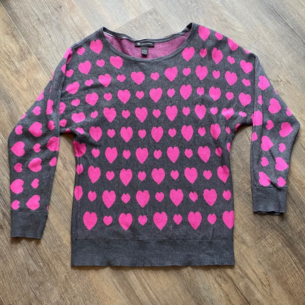 INC International Concepts Gray Pink Heart Print Cotton Blend Sweater Large
